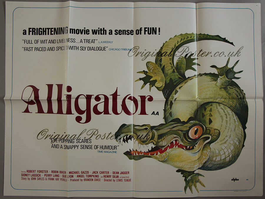 Vintage movie poster for 'Alligator' with a crocodile illustration and promotional text.