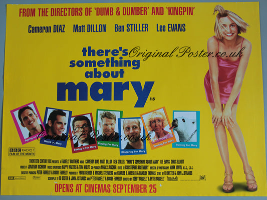 Movie poster for 'There's Something About Mary' featuring a woman in a pink dress on a yellow background.