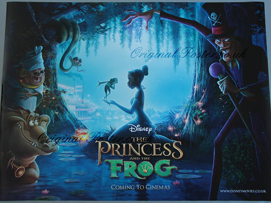 Promotional poster for 'The Princess and the Frog' with animated characters in a fantasy setting.