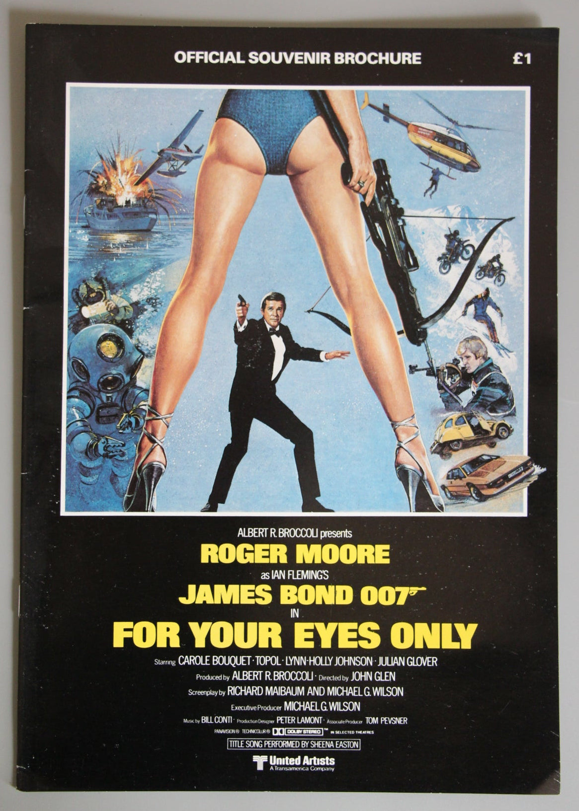 James Bond 'For Your Eyes Only' souvenir brochure with action scene illustration on a gray background