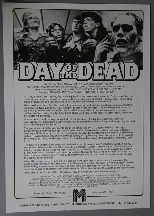 Black and white flyer for 'Day of the Dead' with text and images on a gray background