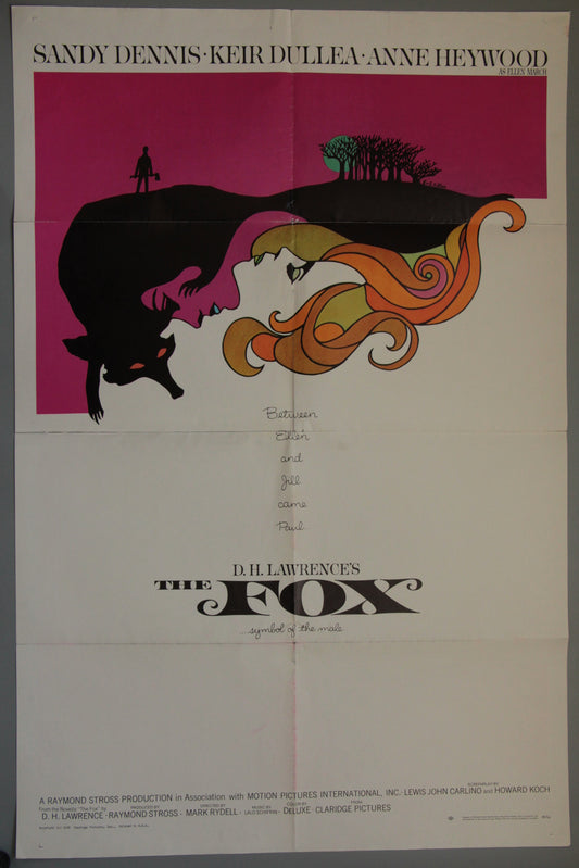 Vintage movie poster for D. Lawrence's 'The Fox' (1966), featuring stylized artwork of a woman's face with flowing orange hair, a black fox silhouette, and a magenta background block, with cast names at the top.