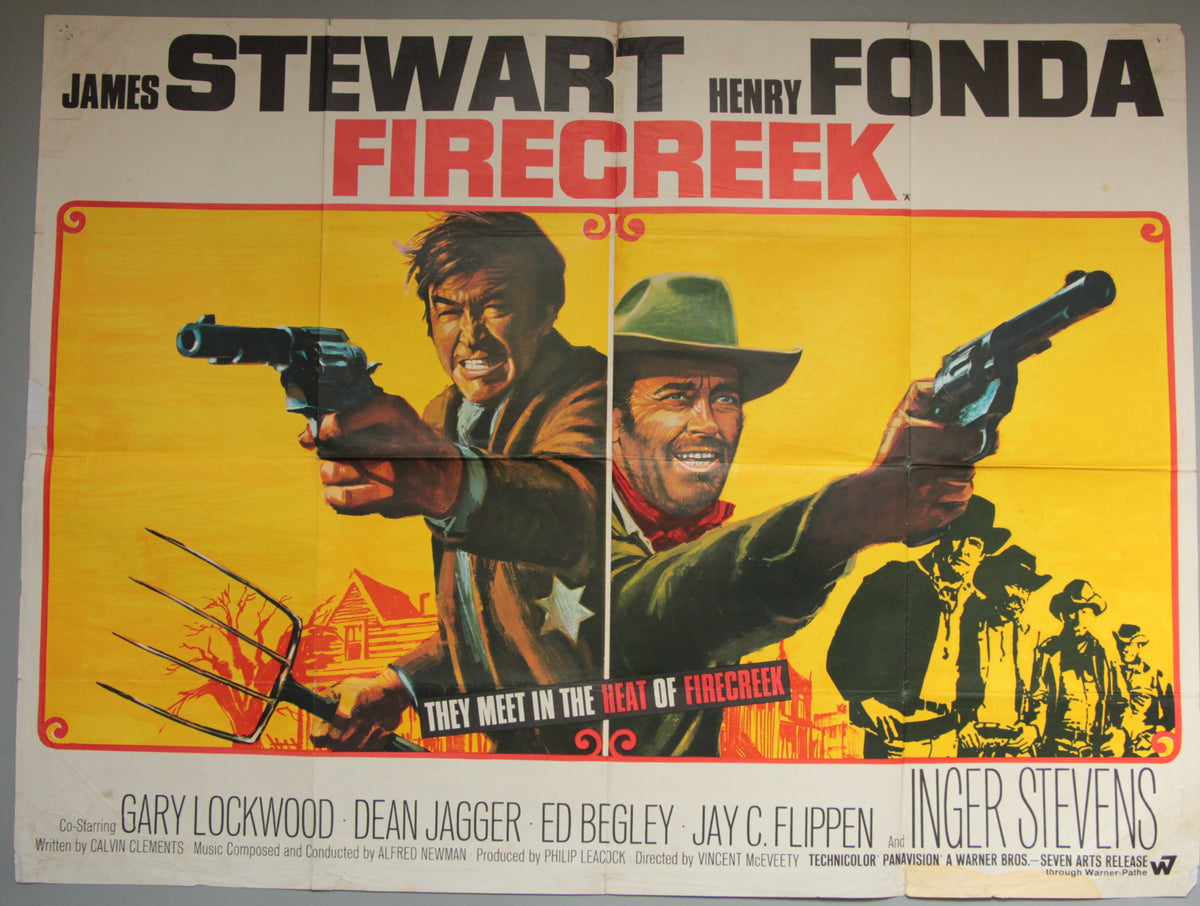 Vintage movie poster for the film 'Firecreek' featuring James Stewart and Henry Fonda, with illustrated portraits of the two actors holding guns against a bright yellow background. The poster includes the names of other cast members and billing block at the bottom.