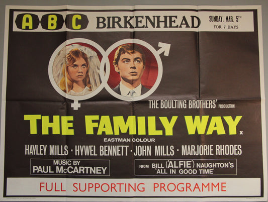 A vintage movie poster for the film 'The Family Way' starring Hayley Mills and Hywel Bennett, featuring a black background with yellow and white text and portraits of the actors.