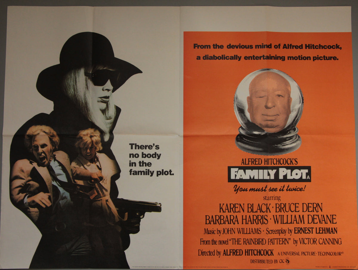 A vintage movie poster for Alfred Hitchcock's 'Family Plot' with the tagline 'There's no body in the family plot.