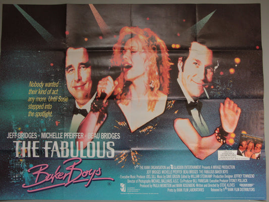 A vintage movie poster for 'The Fabulous Baker Boys' featuring Jeff Bridges, Michelle Pfeiffer, and Beau Bridges, with bold title text and a dark, theatrical background.