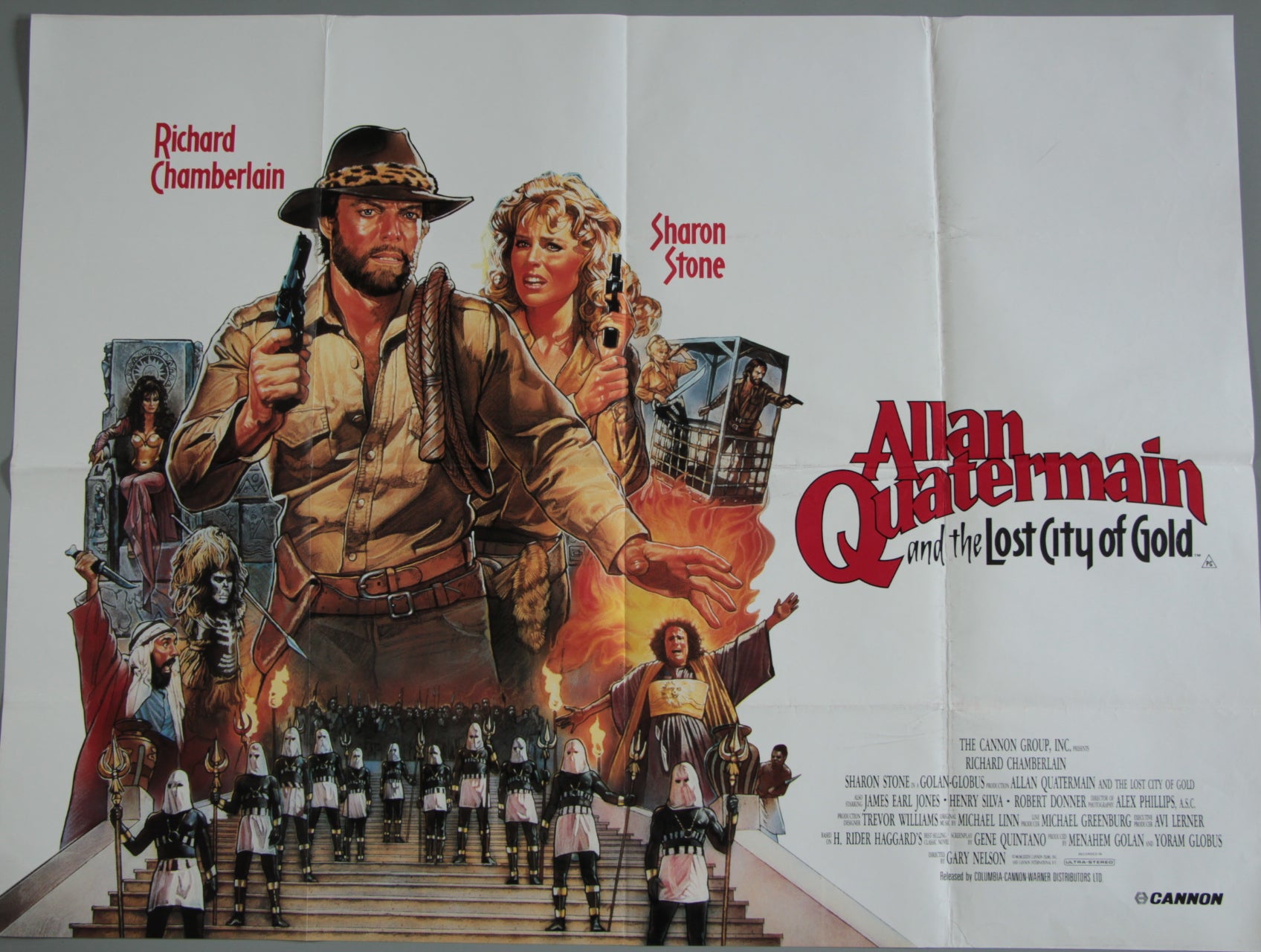 Movie poster for 'Allan Quatermain and the Lost City of Gold' featuring Richard Chamberlain and Sharon Stone.